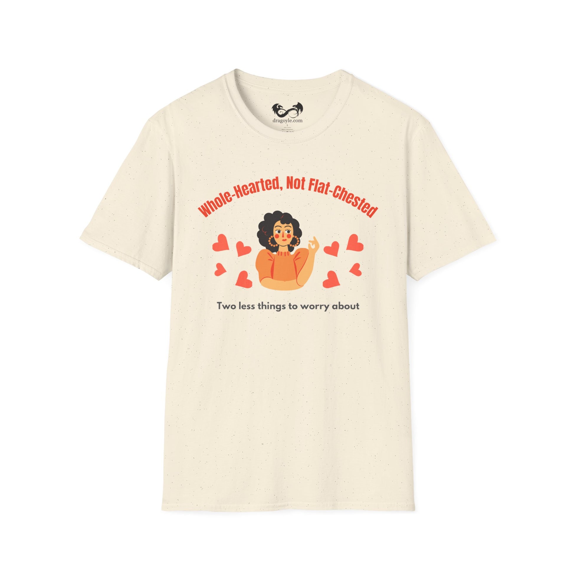 Beige t-shirt with graphic design and text on a white background