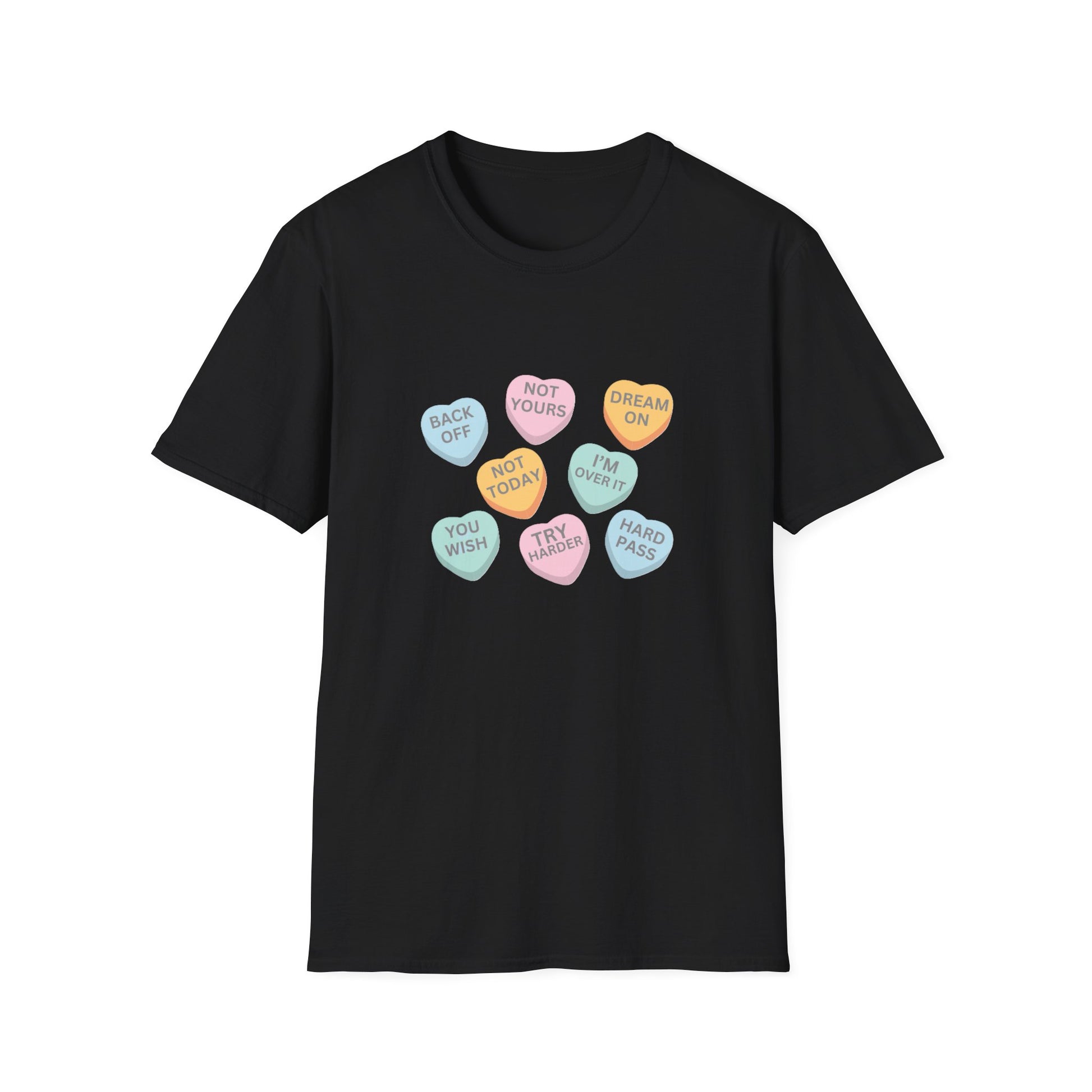 Black t-shirt with colorful candy heart graphic on a white background