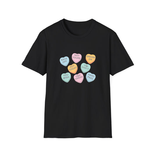 Black t-shirt with colorful candy heart graphic on a white background