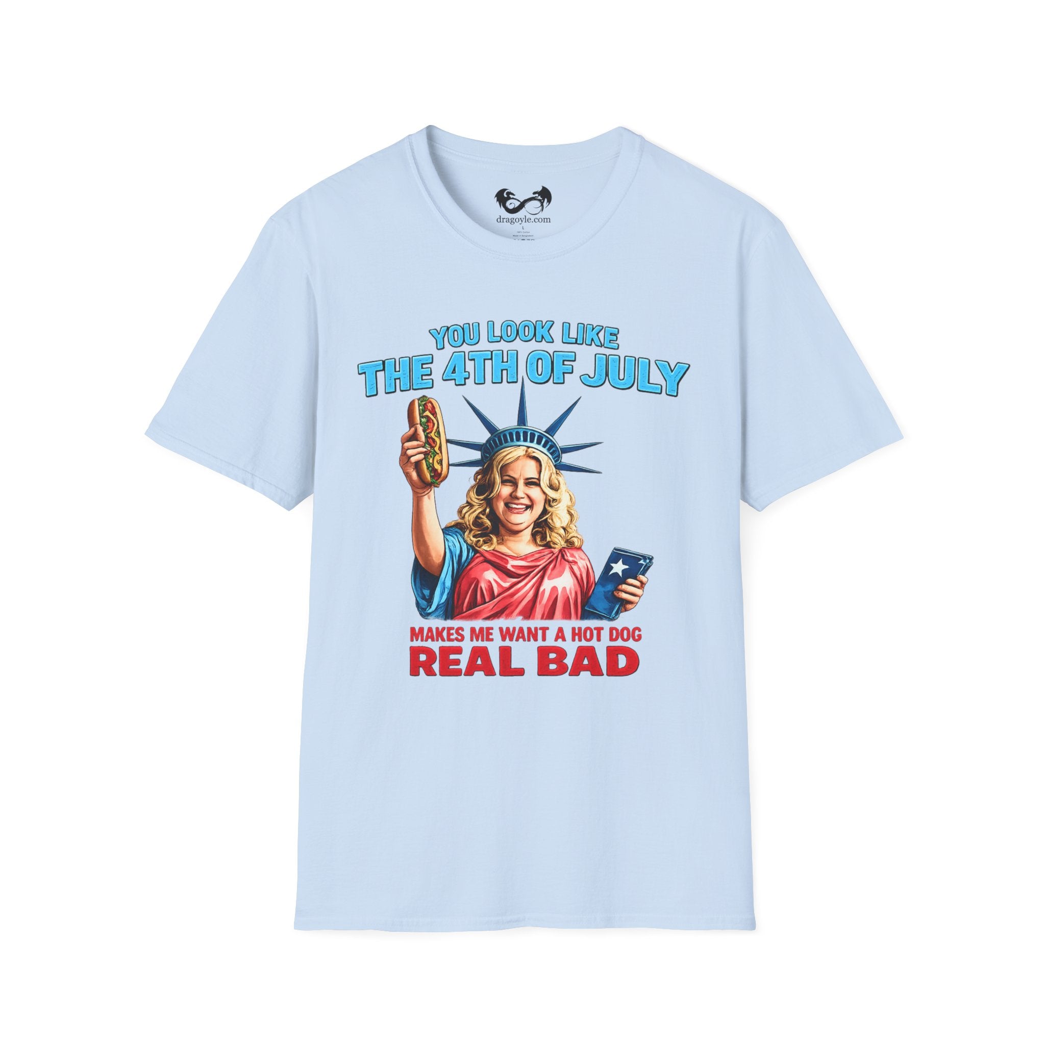 Light blue t-shirt with a graphic of a woman holding a hot dog and text on a white background