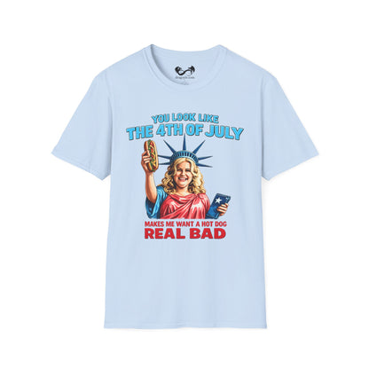 Light blue t-shirt with a graphic of a woman holding a hot dog and text on a white background
