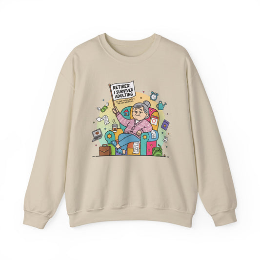 Beige sweatshirt with a colorful graphic design on a white background