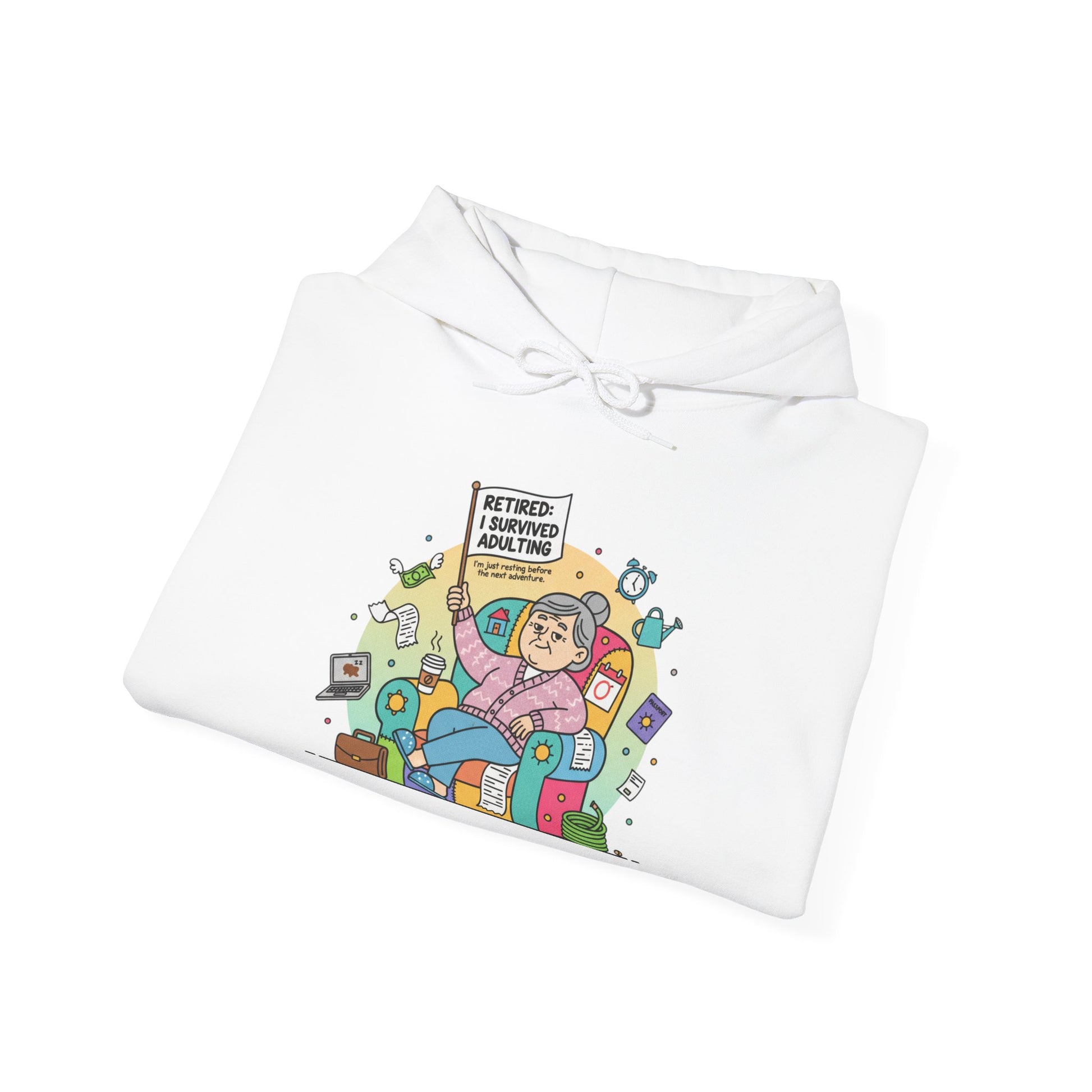 White sweatshirt with a colorful graphic design on a white background