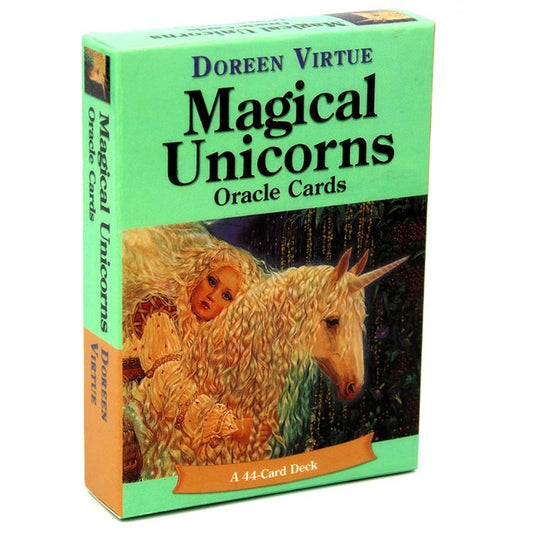 Box of Doreen Virtue's Magical Unicorns Oracle Cards with a unicorn and child illustration.