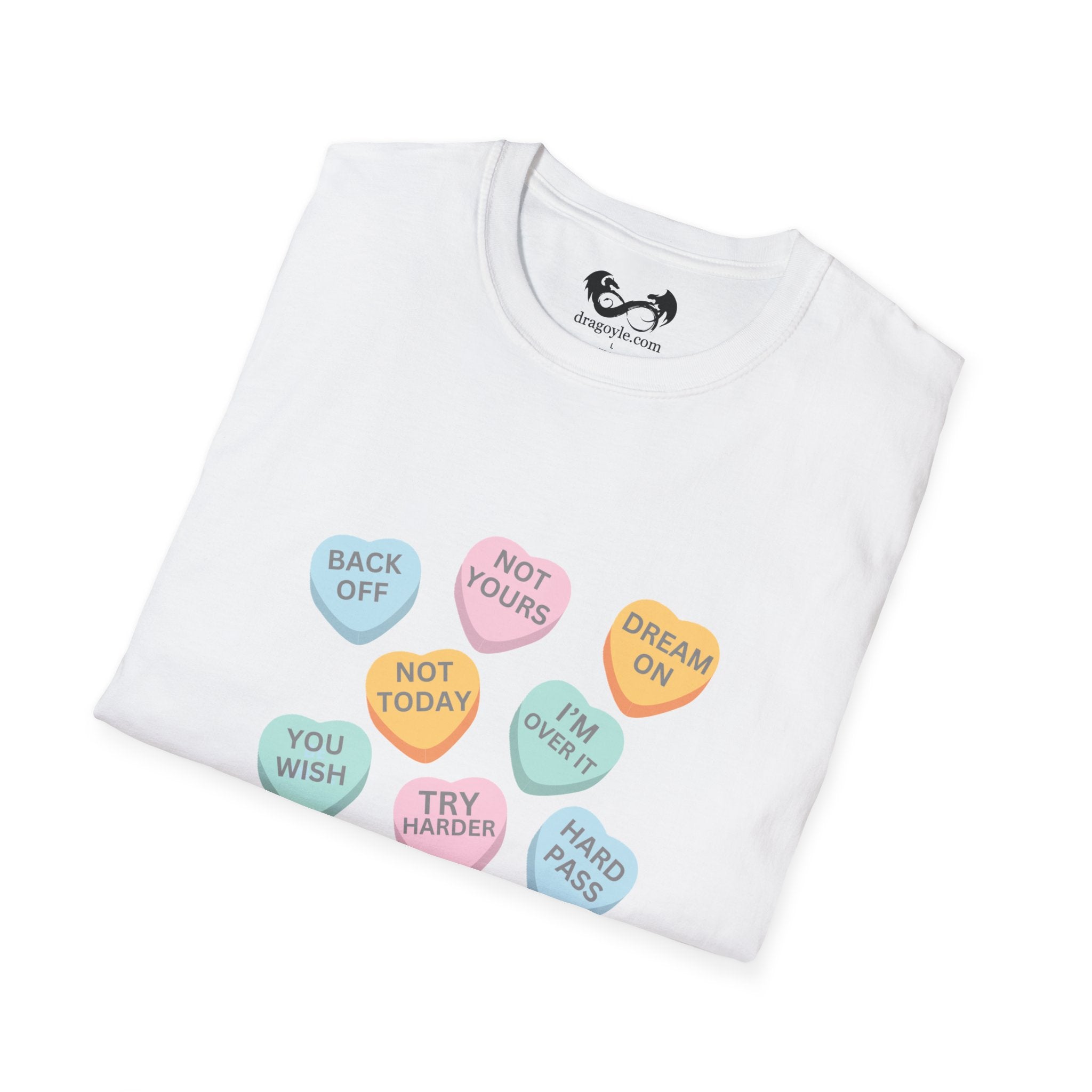 White t-shirt with colorful candy heart-shaped text on a white background