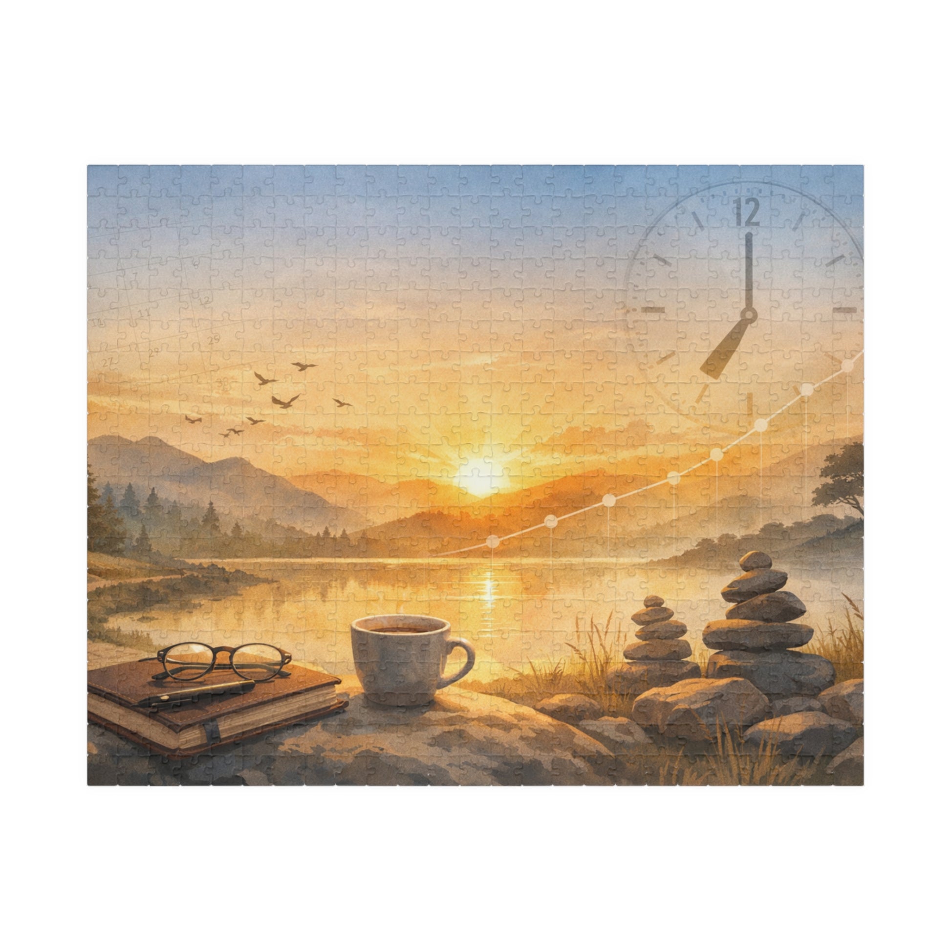 Scenic wall art with a sunset over a lake, stones, a cup, book, and glasses.