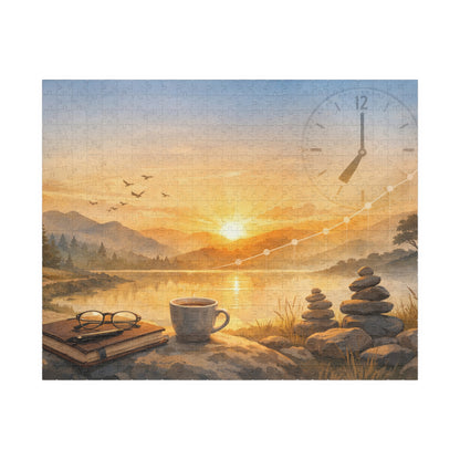 Scenic wall art with a sunset over a lake, stones, a cup, book, and glasses.