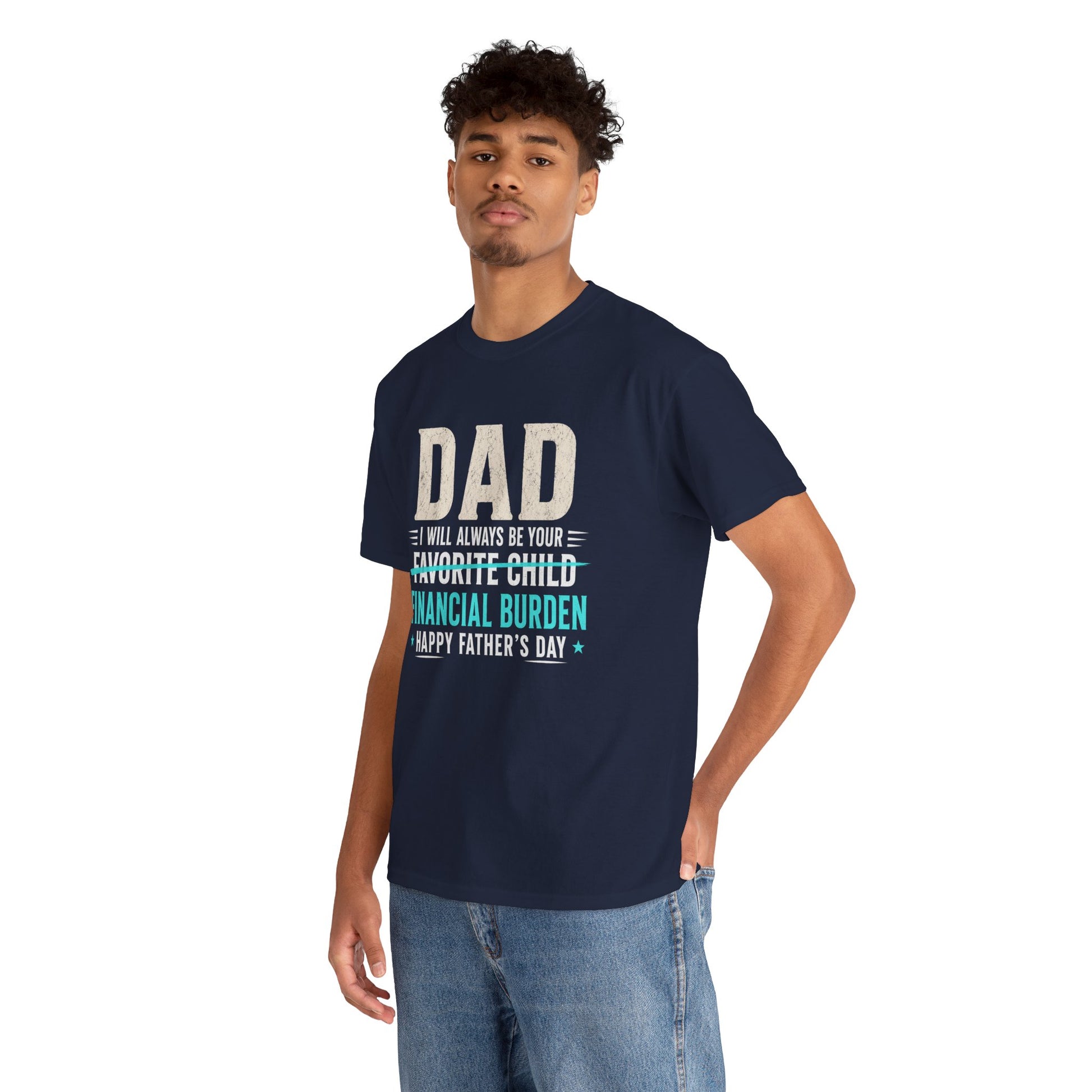 Man wearing a navy blue t-shirt with a humorous Father's Day message on a white background