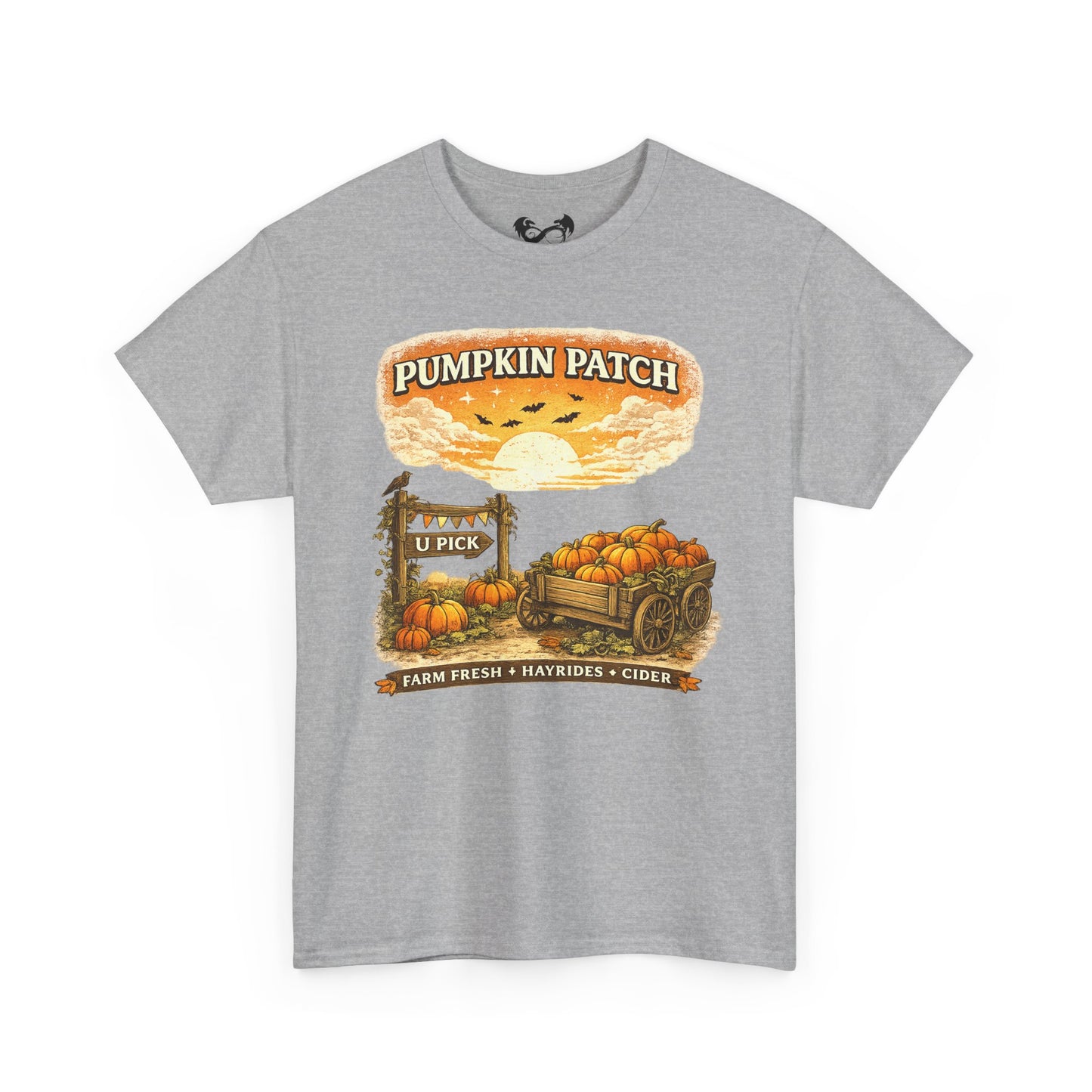 A heather gray short-sleeve t-shirt with a vintage-style autumn graphic on the front. The graphic features pumpkins in a wooden cart, a sunset, and the text 'PUMPKIN PATCH' and 'FARM FRESH & MAYRICKS x CIDER'.