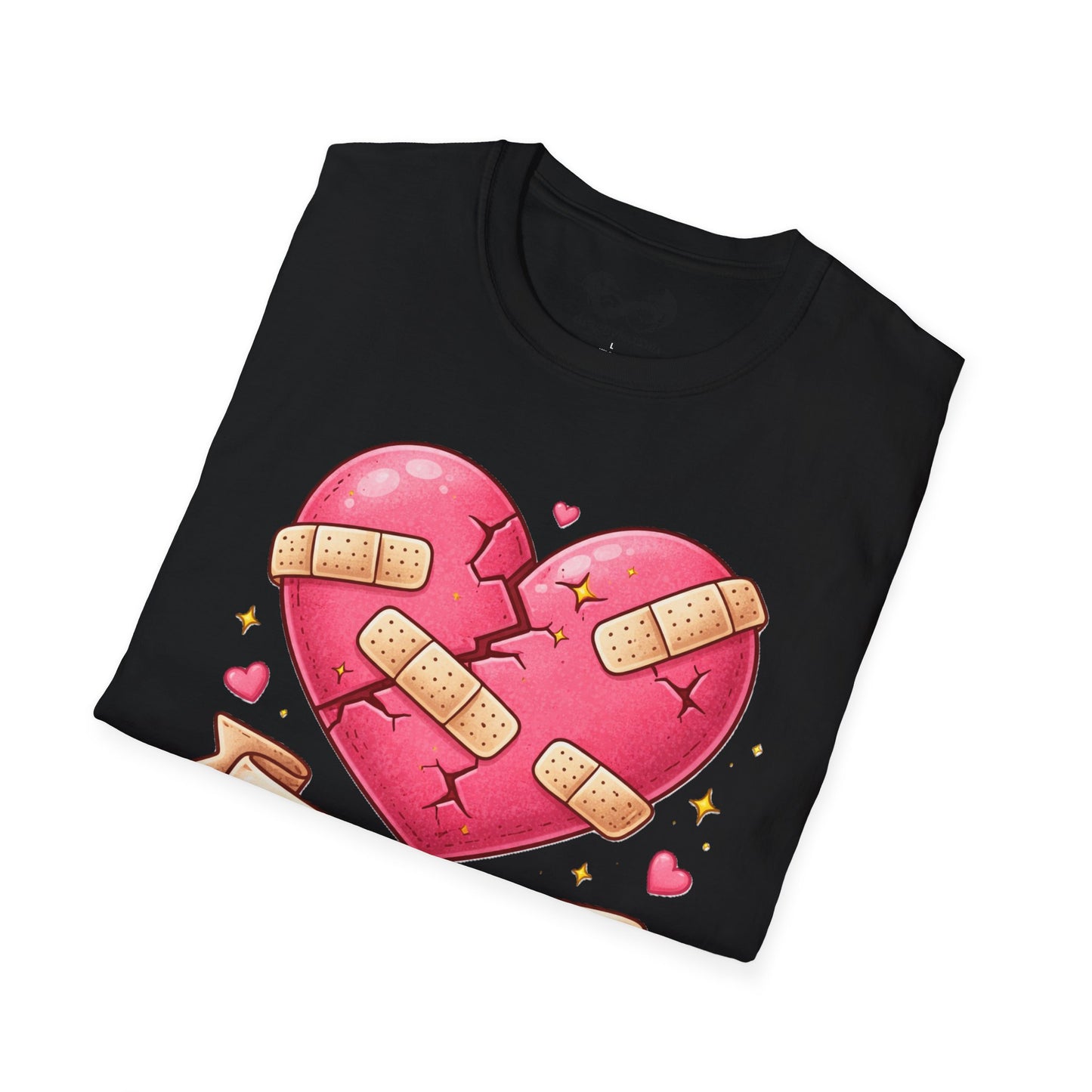 Black t-shirt with a pink broken heart design featuring band-aids on a white background