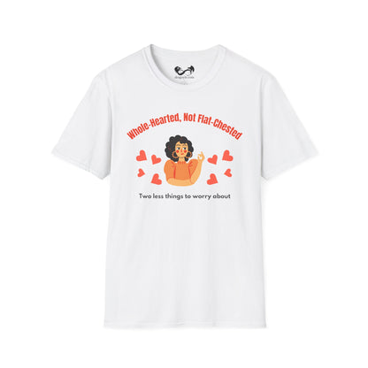 White t-shirt with a graphic design featuring text and a stylized illustration on a white background