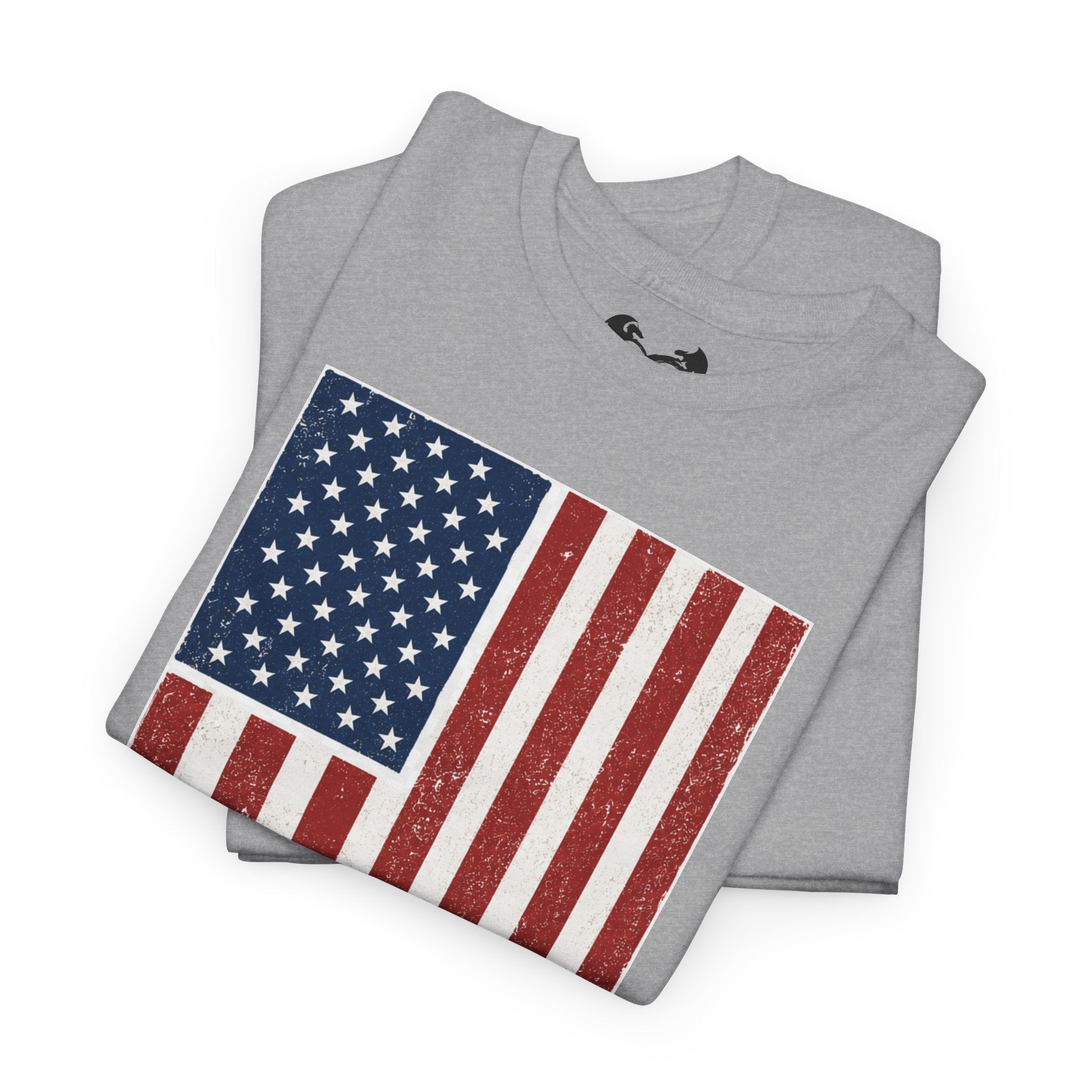 Gray t-shirt with American flag design on a white background