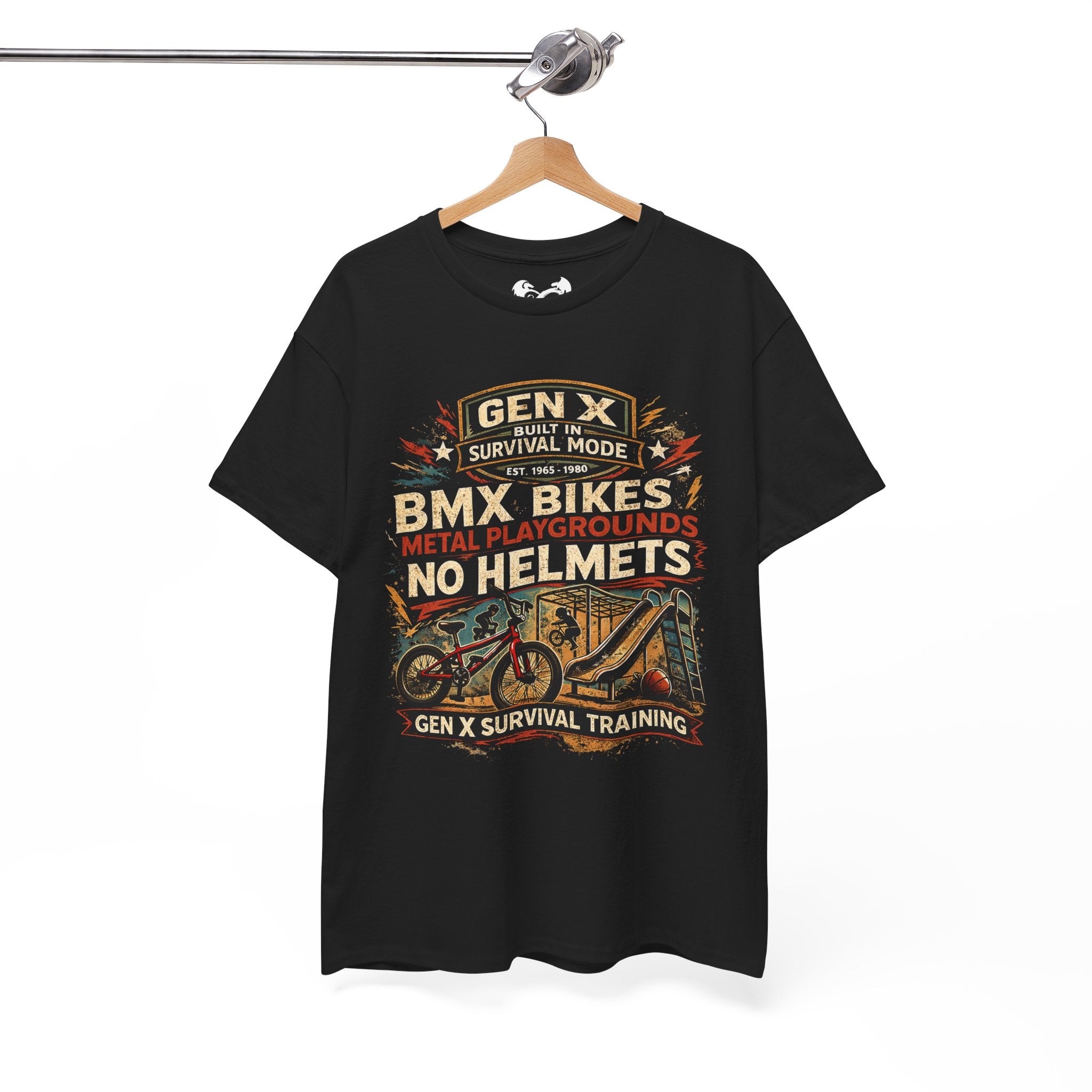 Black t-shirt with graphic design on a hanger against a white background