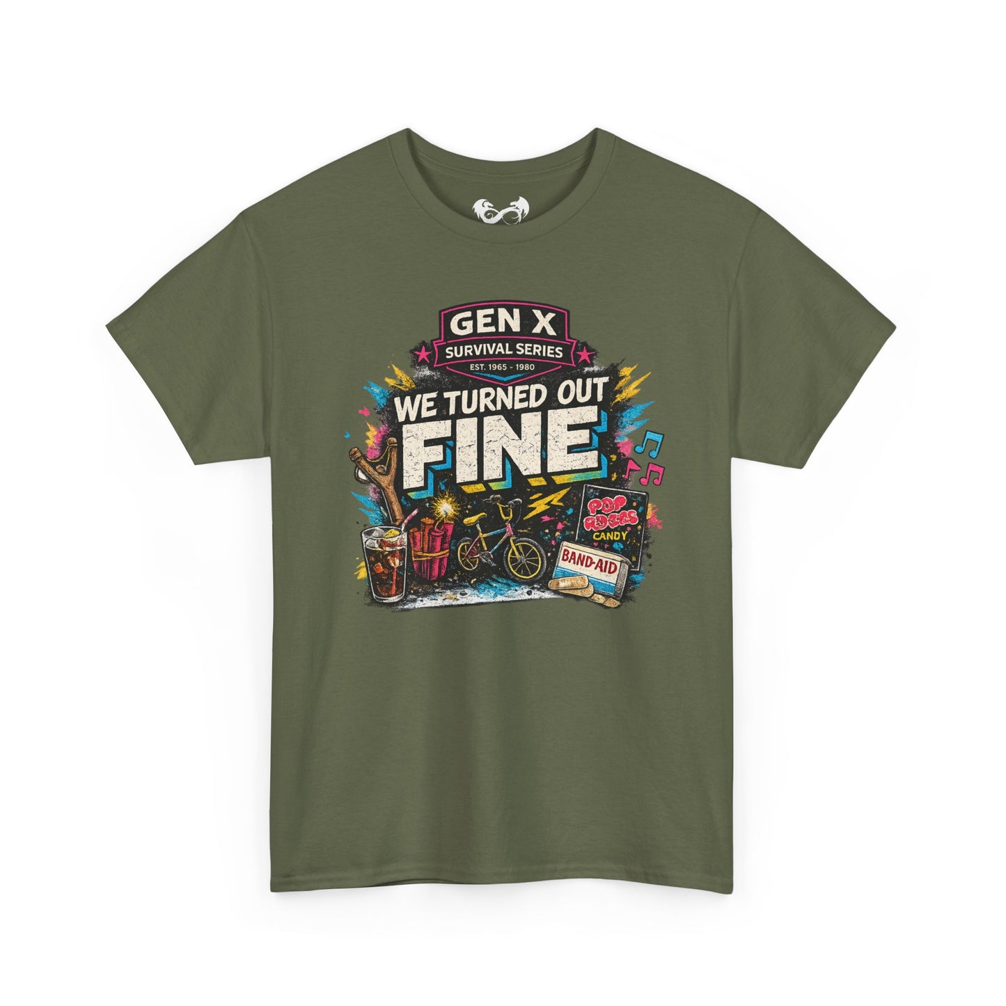 Green t-shirt with colorful graphic and text on a white background