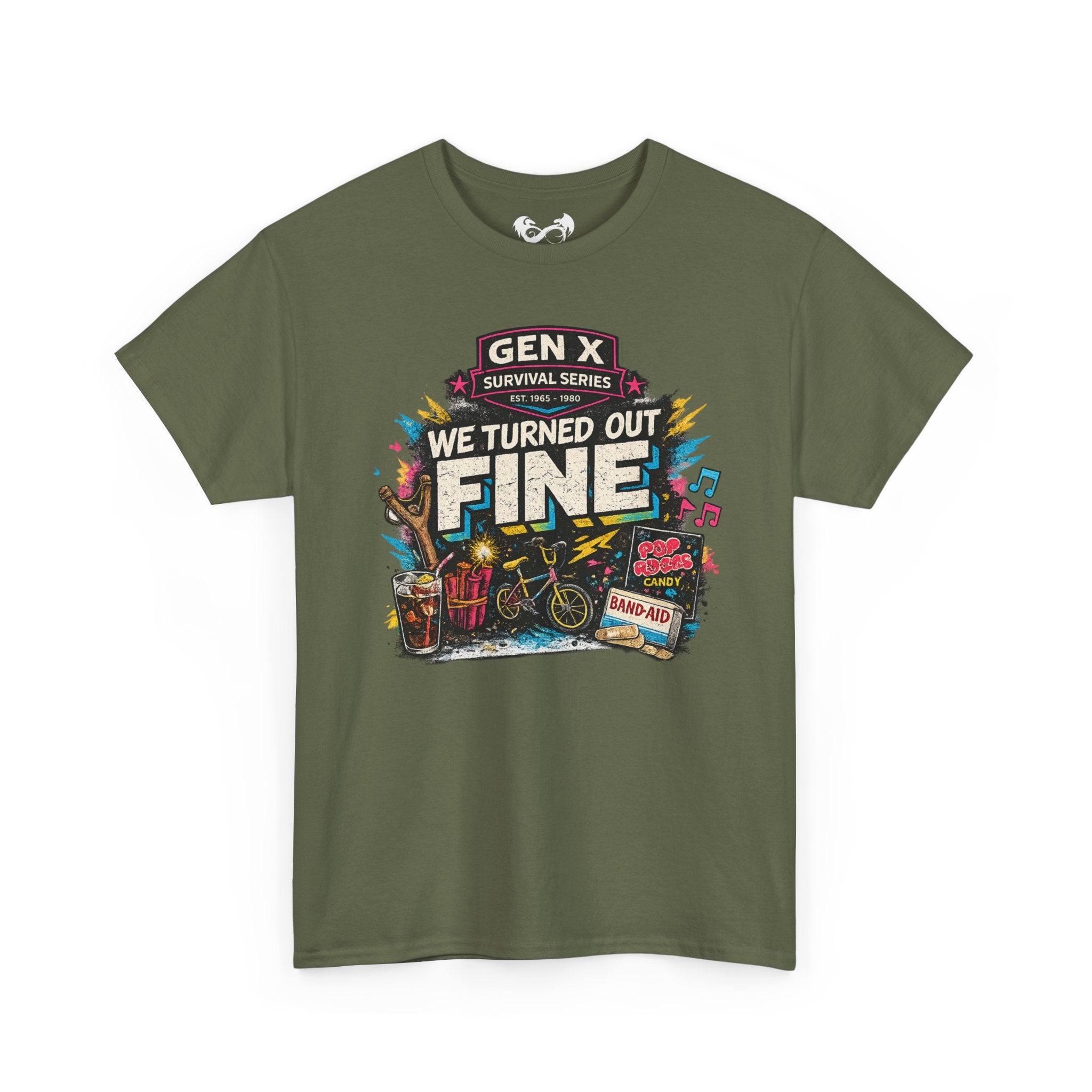 Green t-shirt with colorful graphic and text on a white background