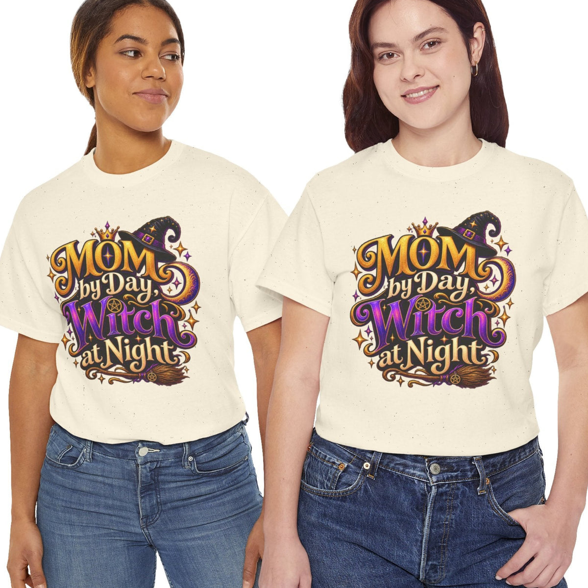 Two women modeling matching cream-colored graphic t-shirts with a purple and gold 'MOM My Day Witch at Night' design, paired with blue jeans against a plain white background.
