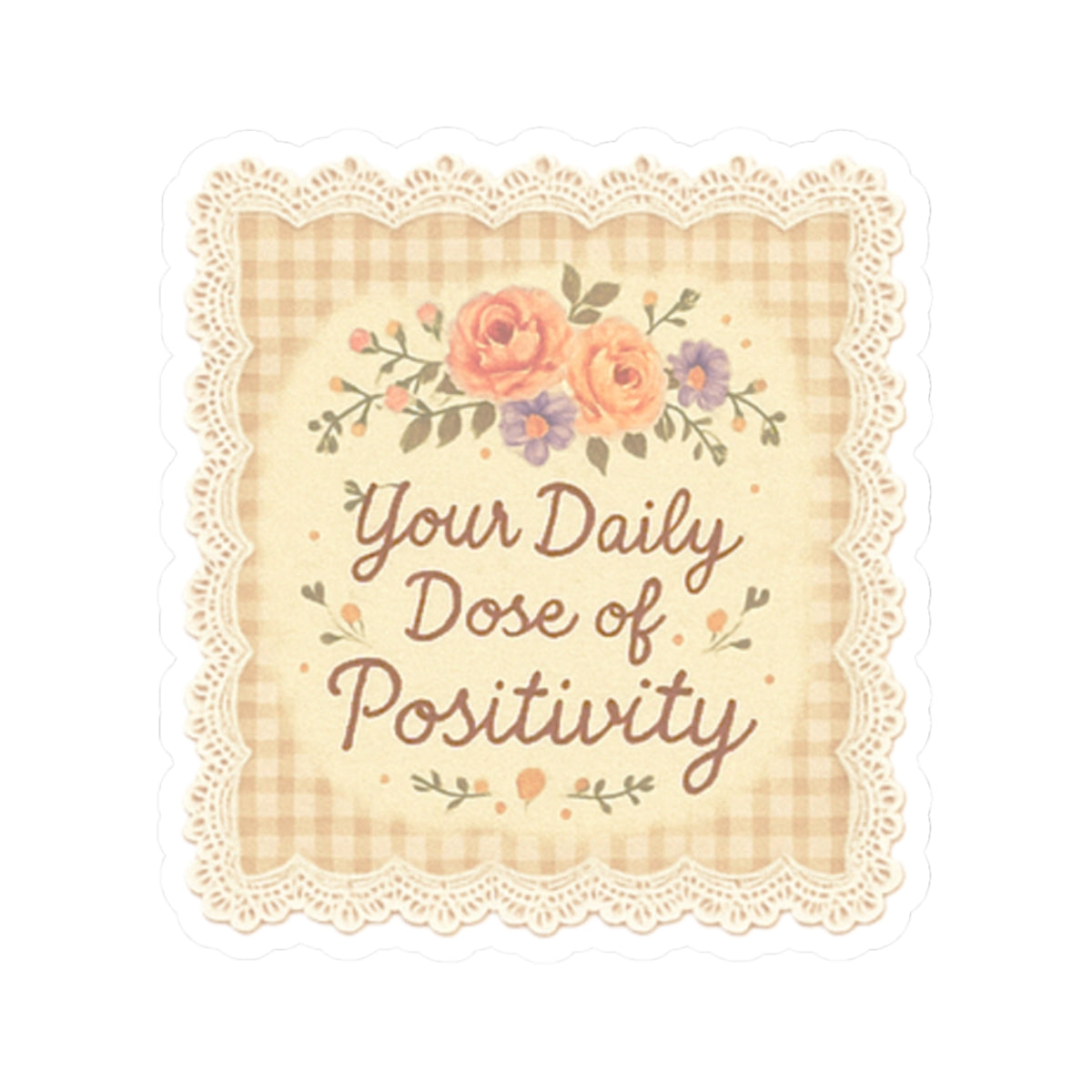 Decorative pillow with floral design and text 'Your Daily Dose of Positivity' on a checkered background.