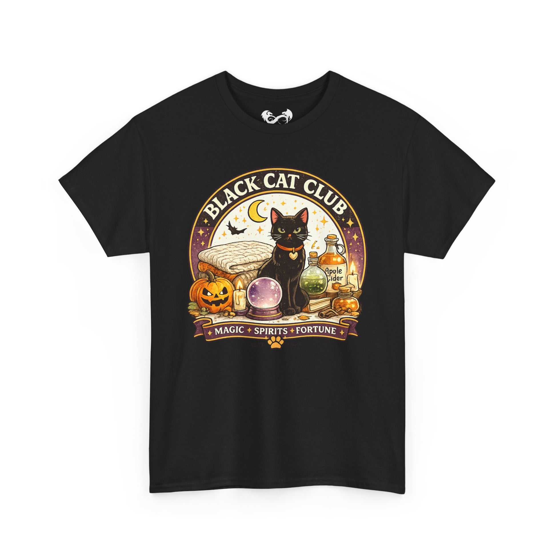 A black short-sleeve crewneck t-shirt featuring a detailed graphic print on the front. The graphic depicts a black cat sitting in front of a glowing crystal ball, surrounded by a pumpkin, a potion bottle, a bat, and a crescent moon, with banners reading 'BLACK CAT CLUB' and 'MAGIC * SPIRITS * FORTUNE'.