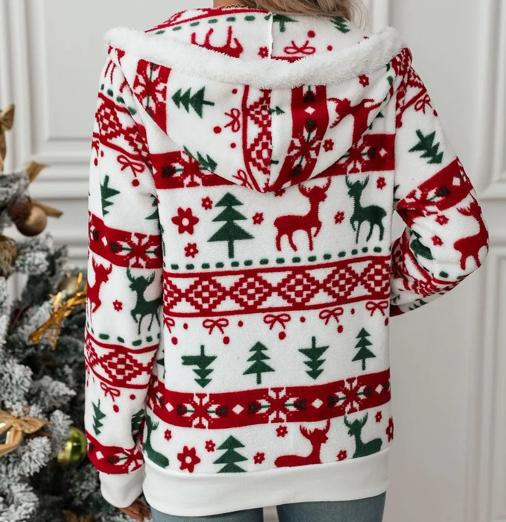 Drawstring Christmas Zip Up Hooded Jacket
