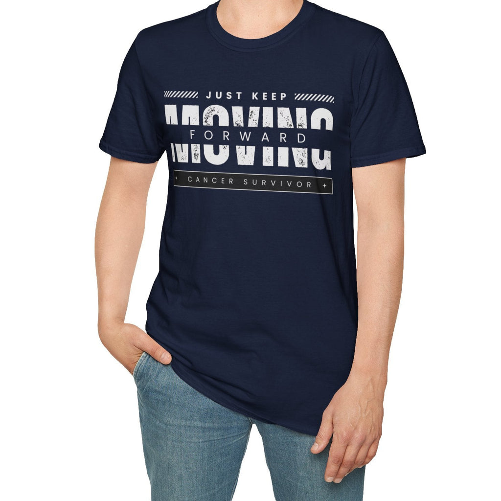 This unisex t-shirt is a canvas for self-expression, crafted for those who embrace resilience. With the phrase "Just Keep Moving Forward - Cancer Survivor" emblazoned across the chest, it celebrates strength and spirit.