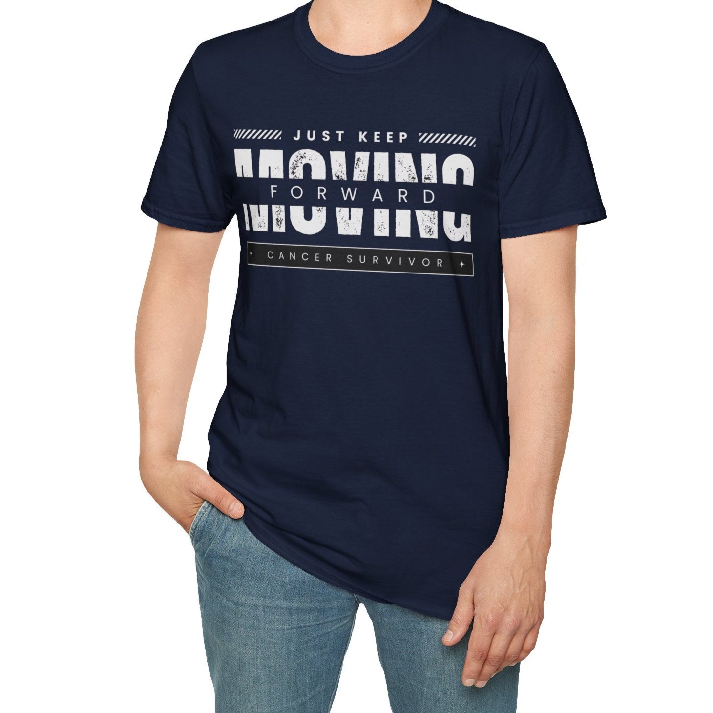 This unisex t-shirt is a canvas for self-expression, crafted for those who embrace resilience. With the phrase "Just Keep Moving Forward - Cancer Survivor" emblazoned across the chest, it celebrates strength and spirit.
