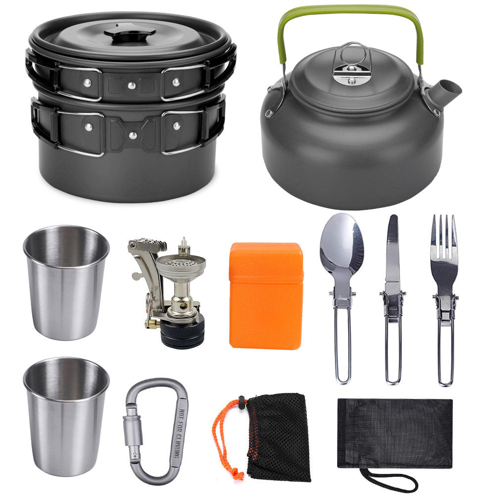 Crafted from durable aluminum, these camping cookware kits offer lightweight and efficient heat distribution for outdoor cooking. Designed for ease of use and portability, they include essential pots and pans to prepare meals effortlessly while camping. 