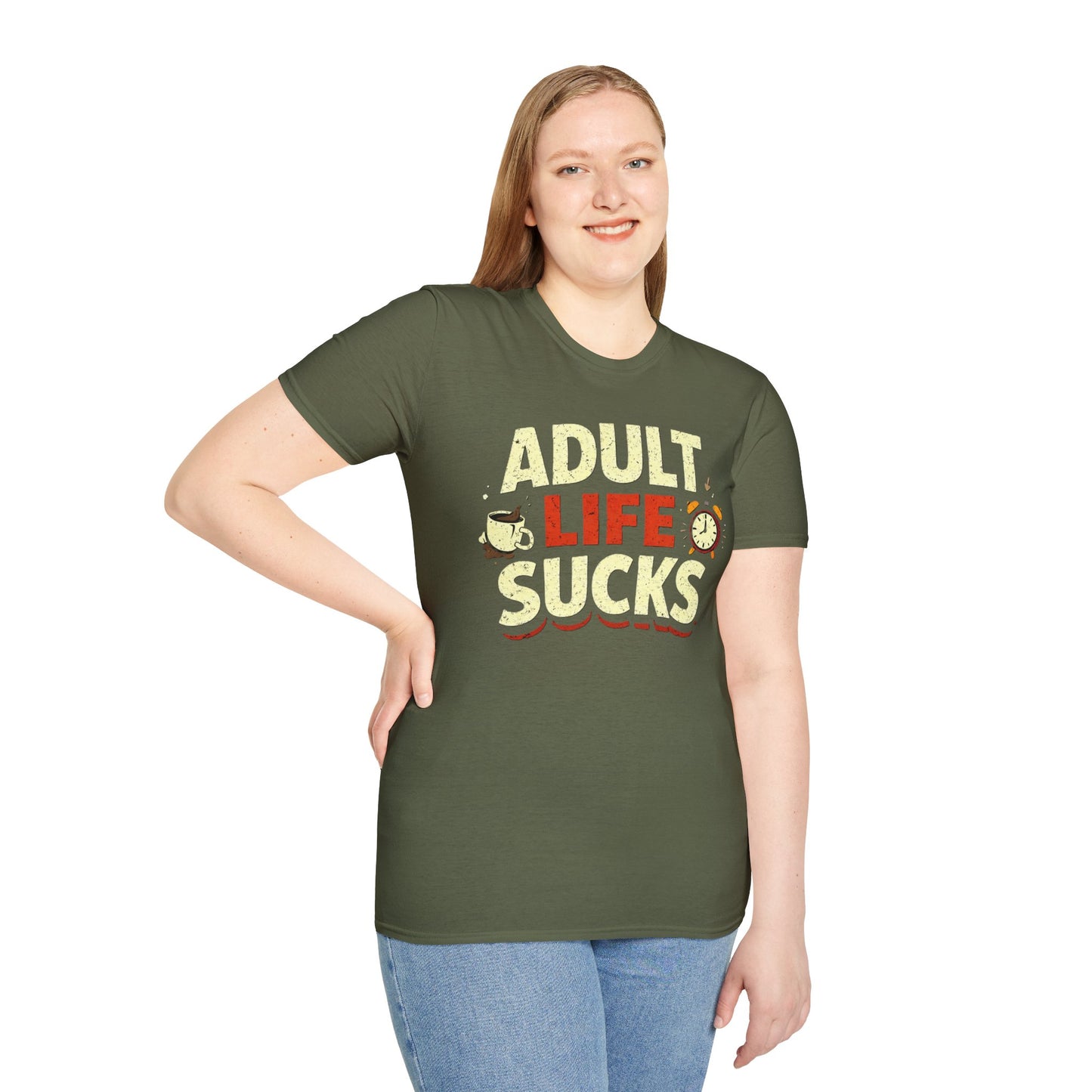 Person wearing a green t-shirt with 'Adult Life Sucks' text on a white background