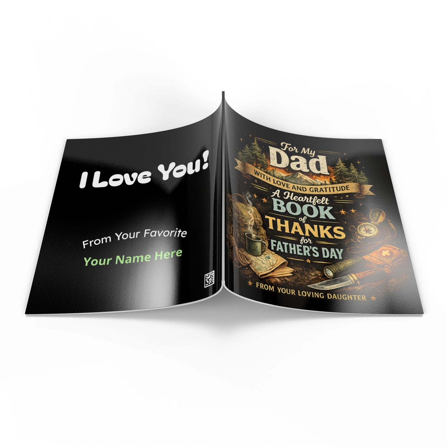 Open book with personalized Father's Day message on a white background