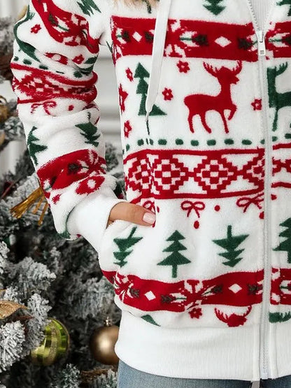 Drawstring Christmas Zip Up Hooded Jacket
