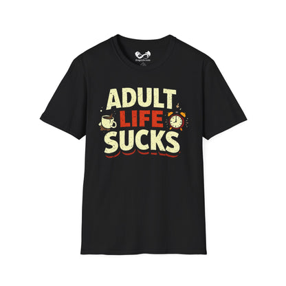 Black t-shirt with colorful text 'ADULT LIFE SUCKS' on a white background