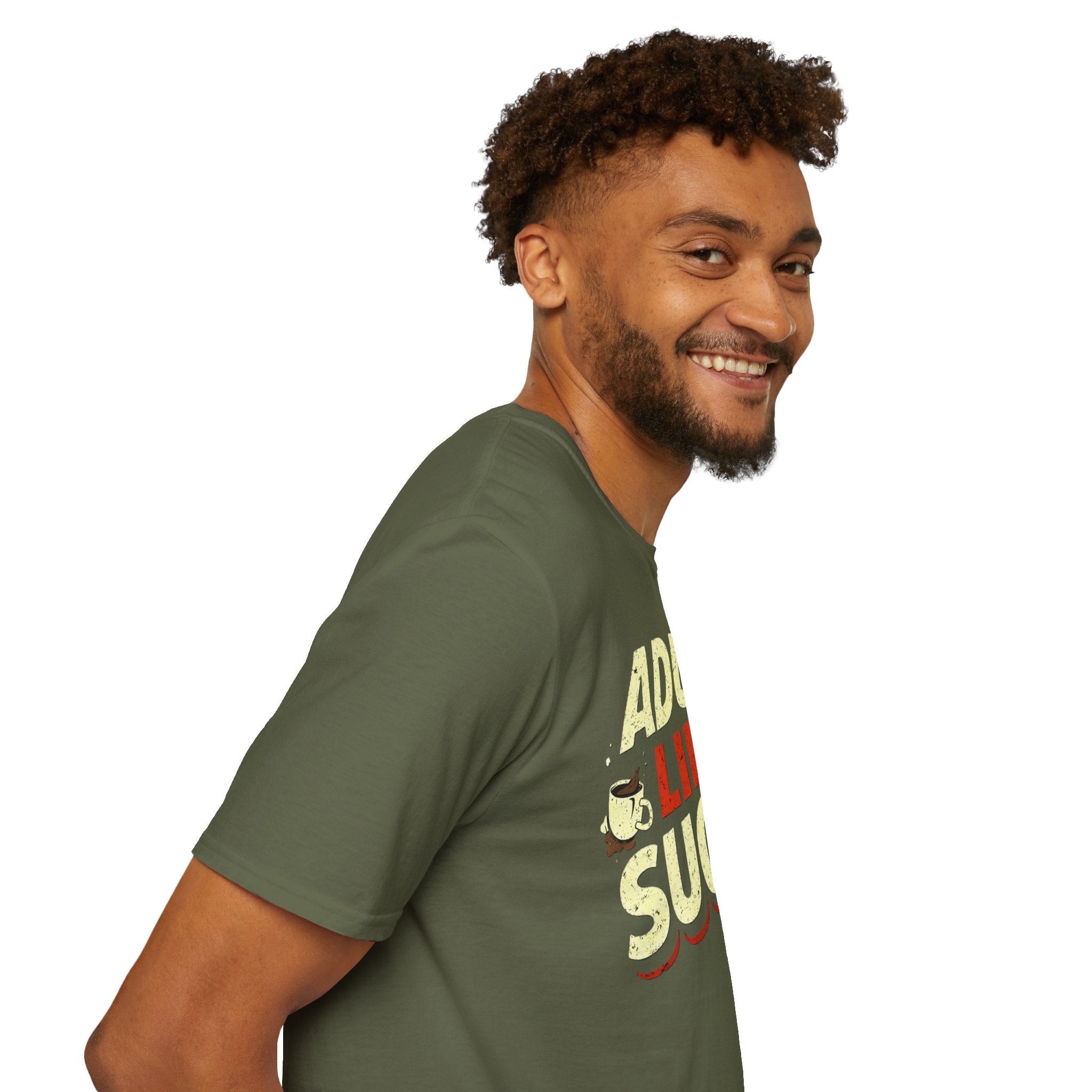 Man wearing a green t-shirt with text and graphics on a white background