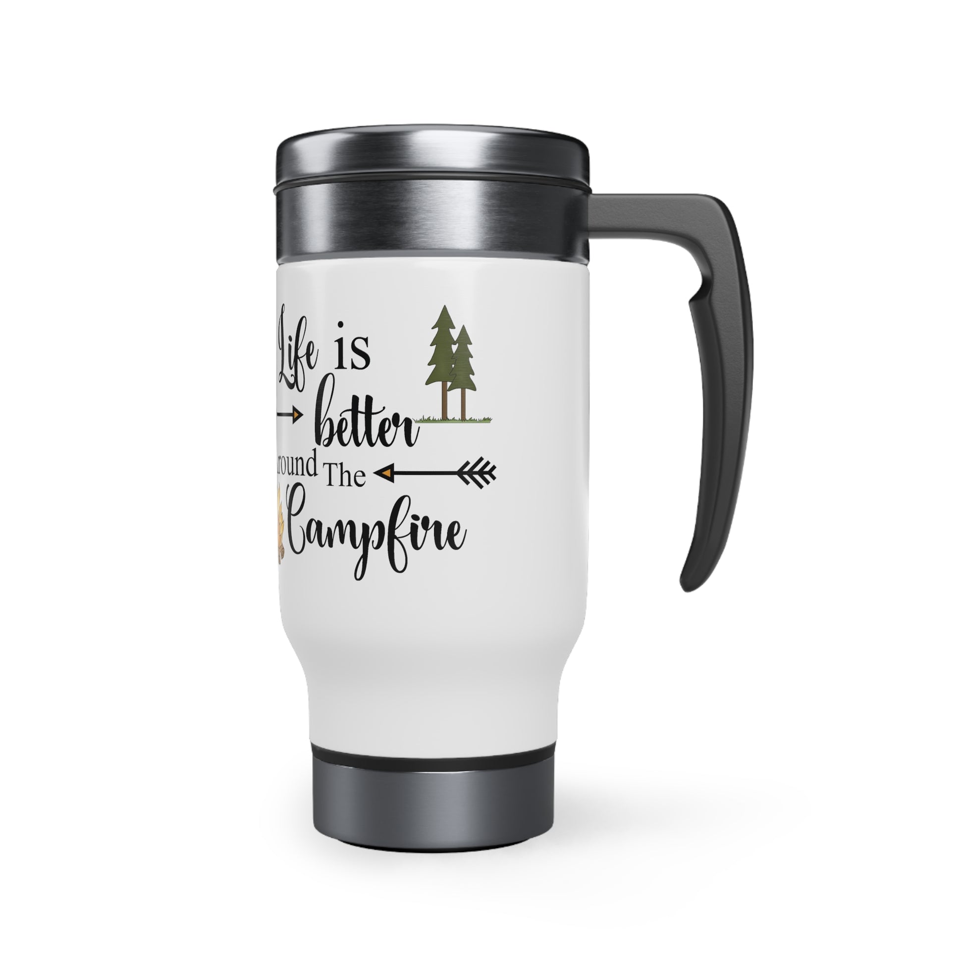 Get cozy with our Life is Better Around a Campfire Stainless Steel Travel Mug! This 14oz mug with handle is perfect for keeping your drinks hot while camping or on the go. No need to sacrifice style for functionality - bring the campfire vibes with you wherever you go!