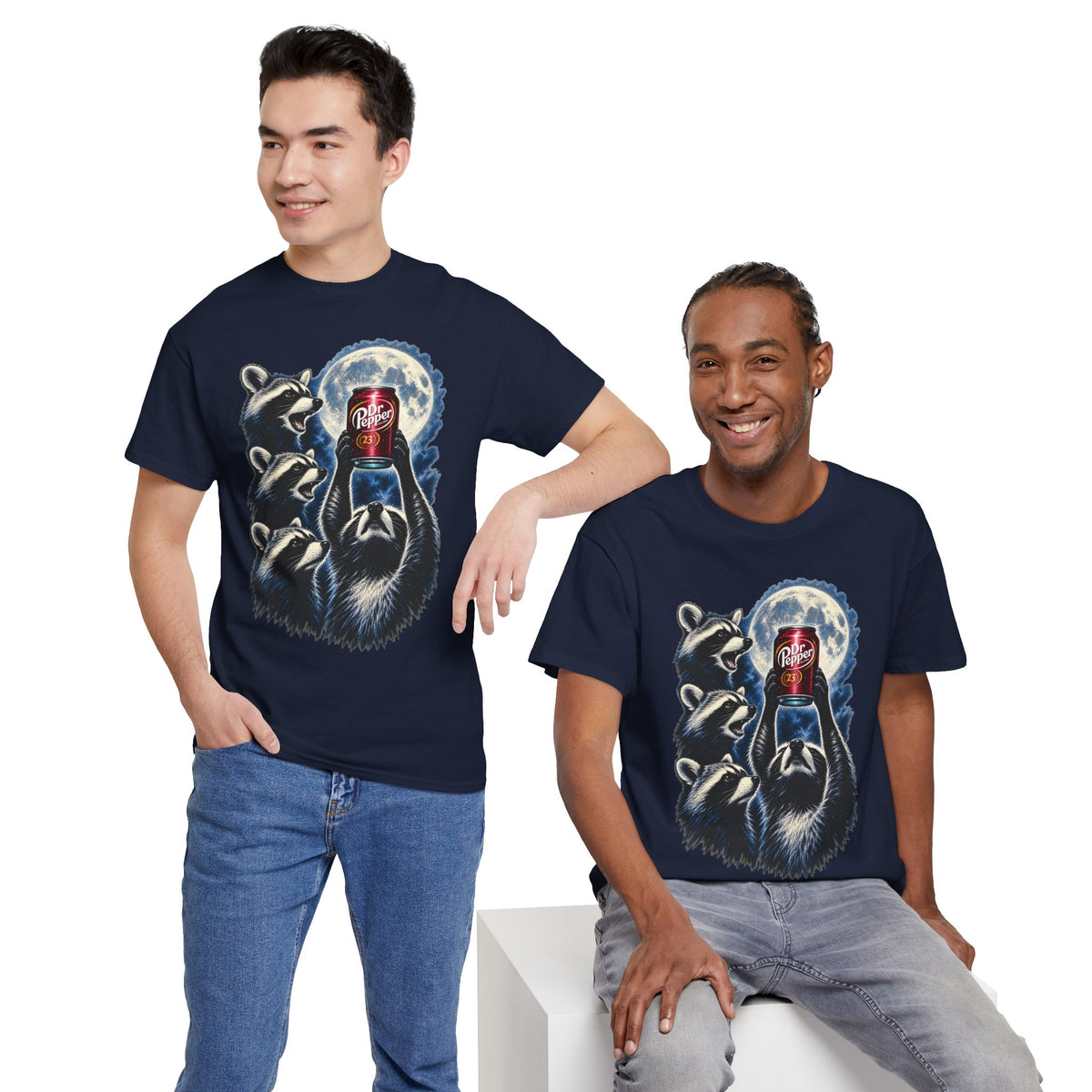 Two male models wearing matching navy blue t-shirts with a graphic print of Raccoons Worshiping a can of Dr. Pepper Soda With Full Moon Comfortable Cotton T-Shirt