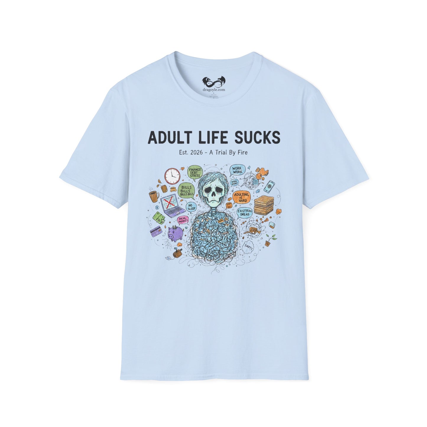 Adult Life Sucks Blue Skull Comfortable 100% Spun Cotton Tee