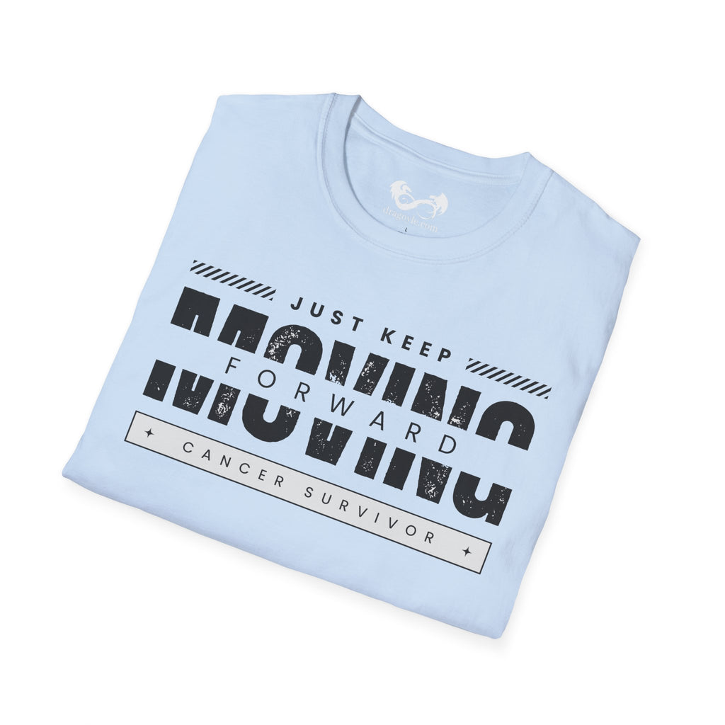 This unisex t-shirt is a canvas for self-expression, crafted for those who embrace resilience. With the phrase "Just Keep Moving Forward - Cancer Survivor" emblazoned across the chest, it celebrates strength and spirit.