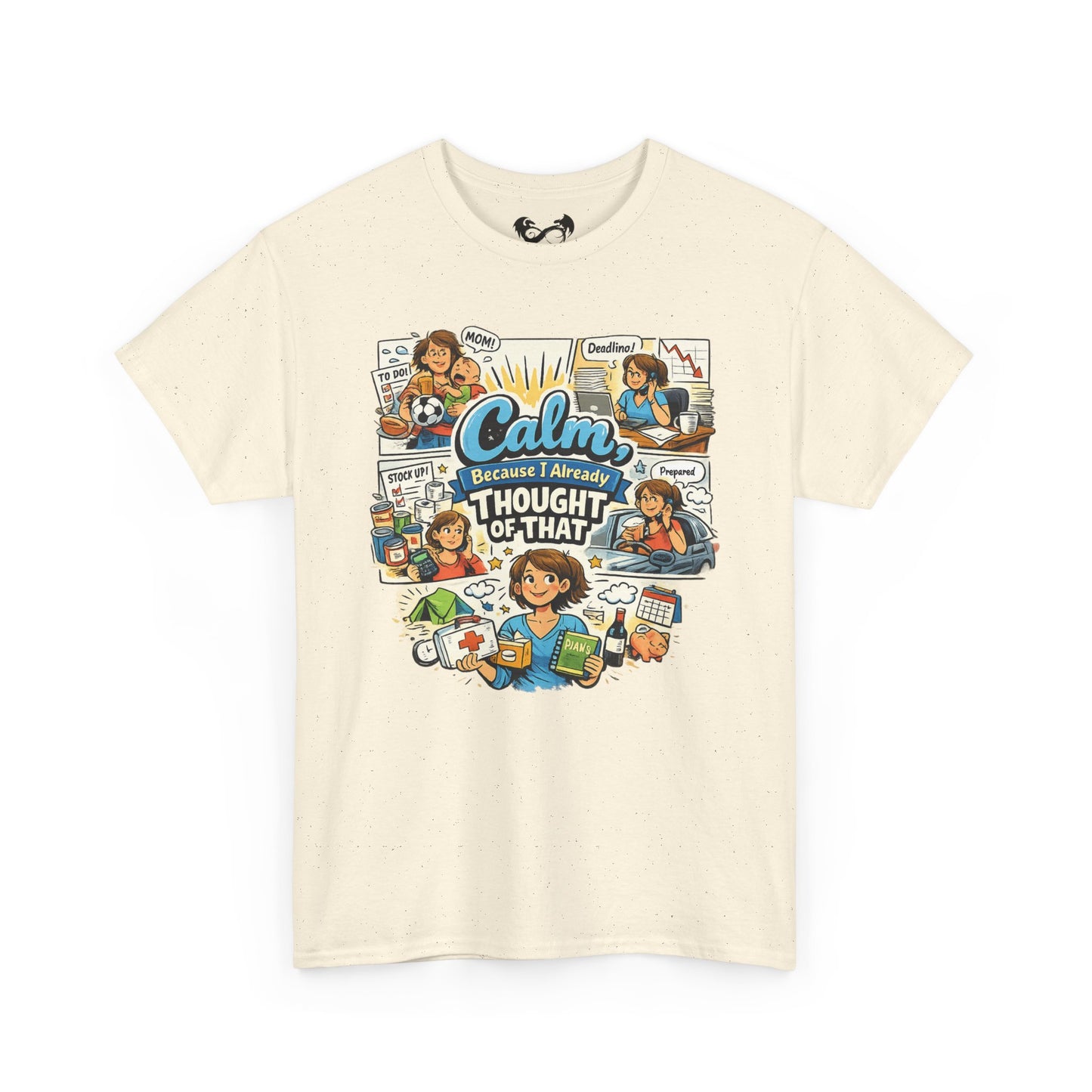 Beige t-shirt with colorful graphic design on a white background