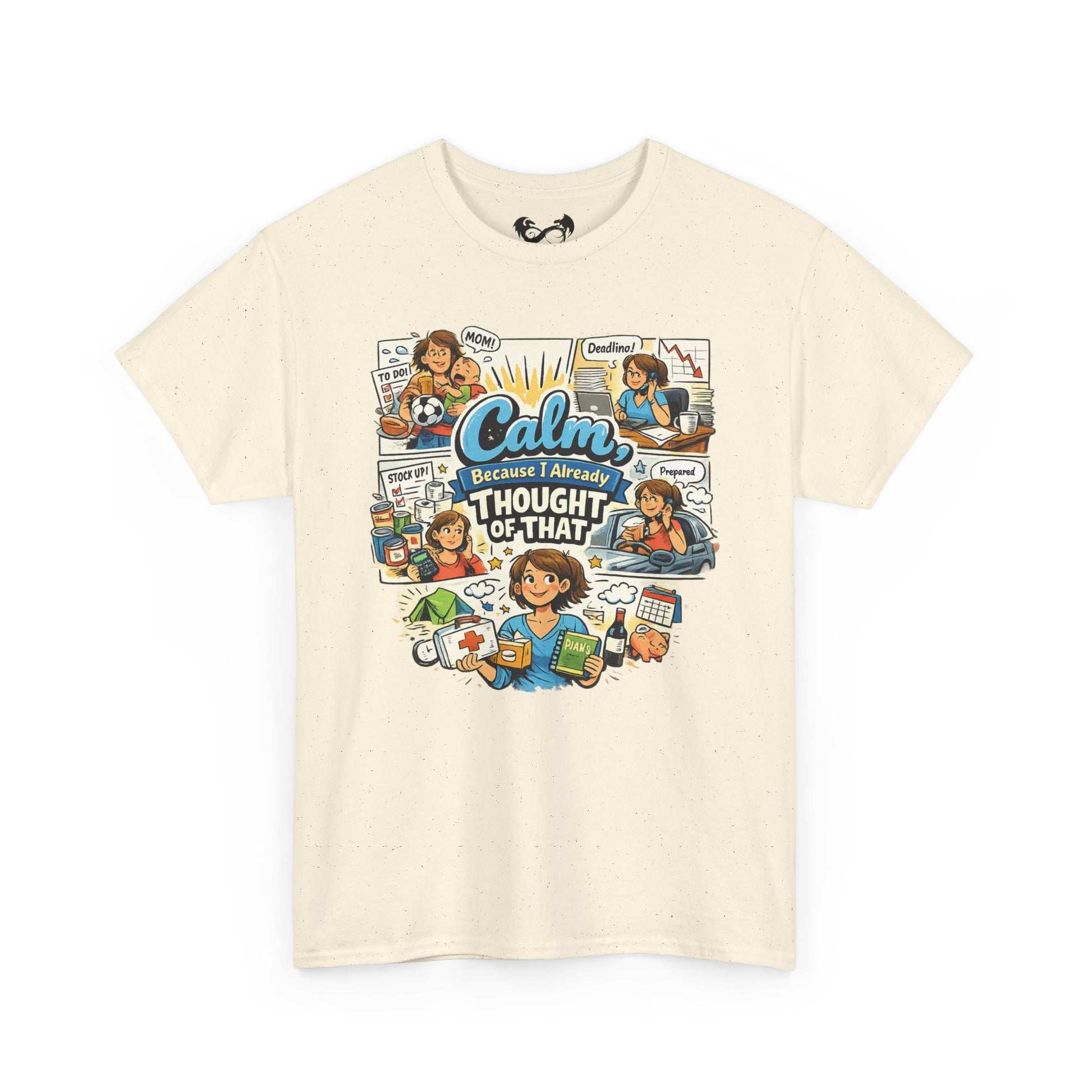 Beige t-shirt with colorful graphic design on a white background