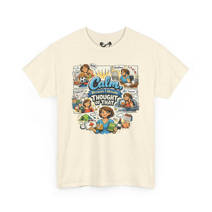 Beige t-shirt with colorful graphic design on a white background