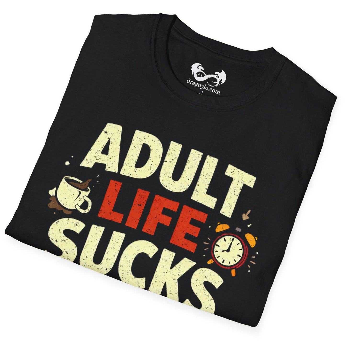 Black t-shirt with 'Adult Life Sucks' text and graphics on a white background