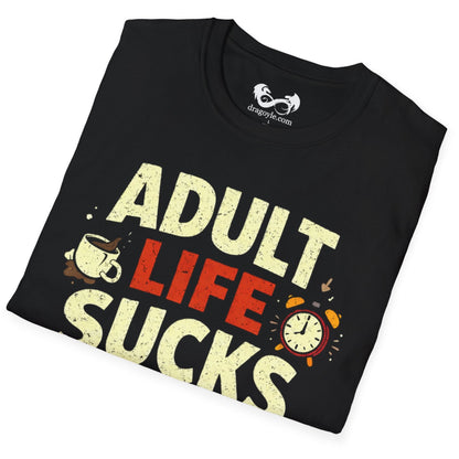 Black t-shirt with 'Adult Life Sucks' text and graphics on a white background