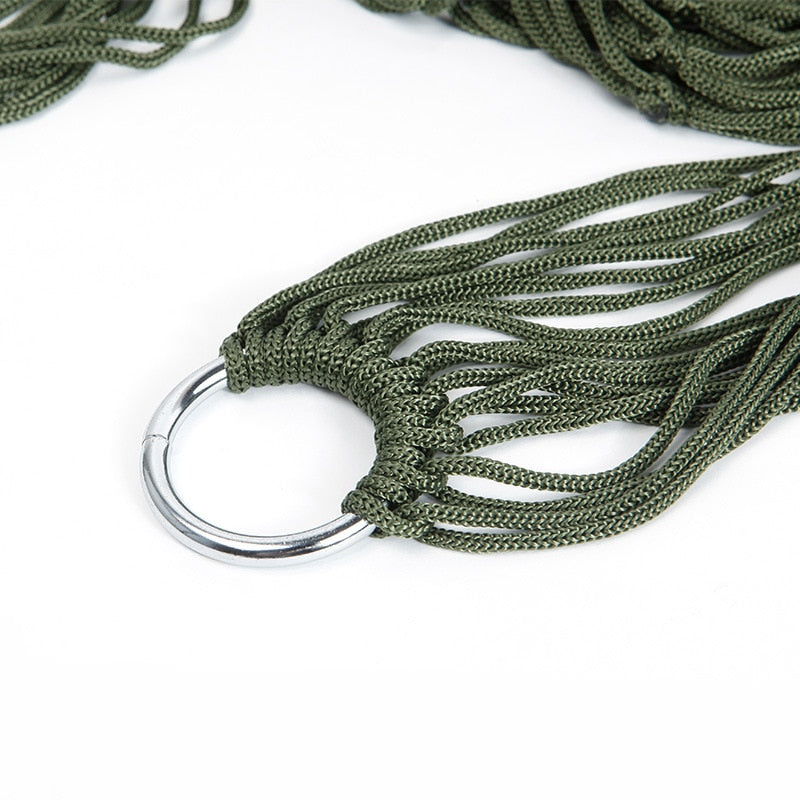 Engineered for comfort and durability, this single-person hammock features a breathable mesh nylon construction that promotes airflow and resists moisture absorption. The lightweight design makes it ideal for backpacking, camping, or backyard relaxation.