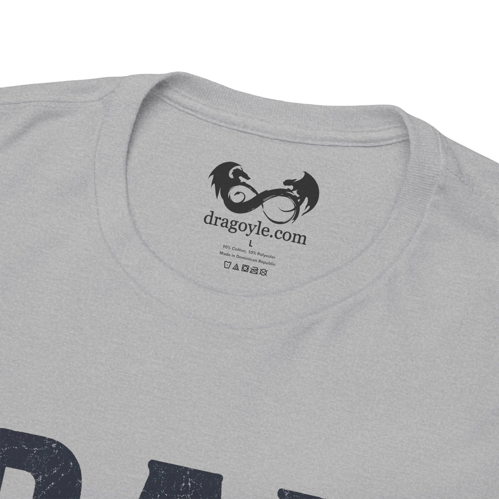 Gray t-shirt with a Dragoyle.com logo and text on the collar area