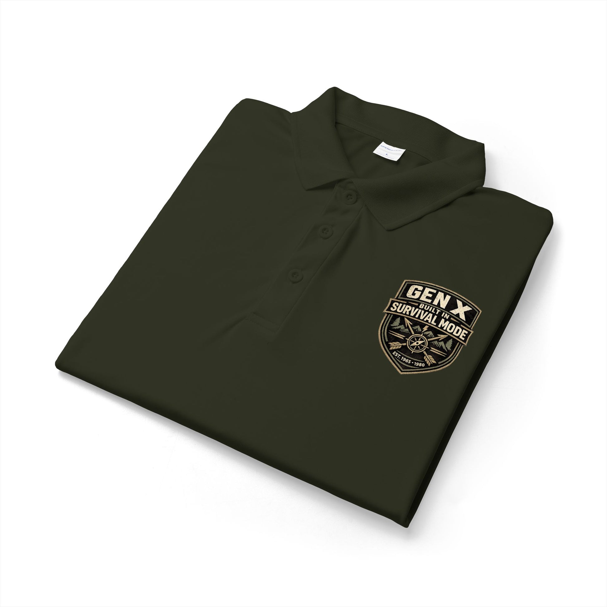 Green polo shirt with a logo on a white background