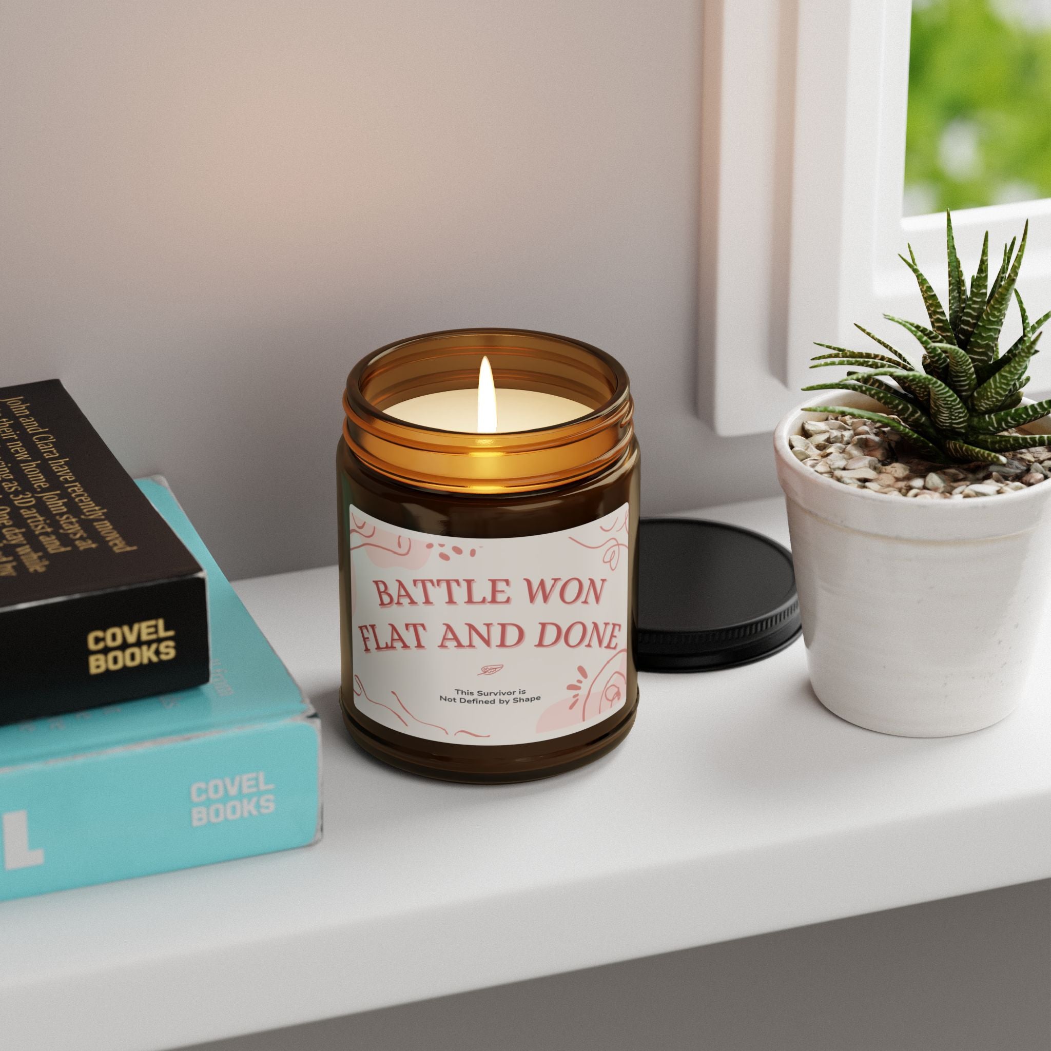 Experience the soothing scent of our Battle Won Flat &amp; Done Scented Soy Candles. Made with high-quality soy wax, these candles provide a long-lasting burn and a clean, even flame. Perfect for unwinding after a long day or creating a relaxing atmosphere in any room.