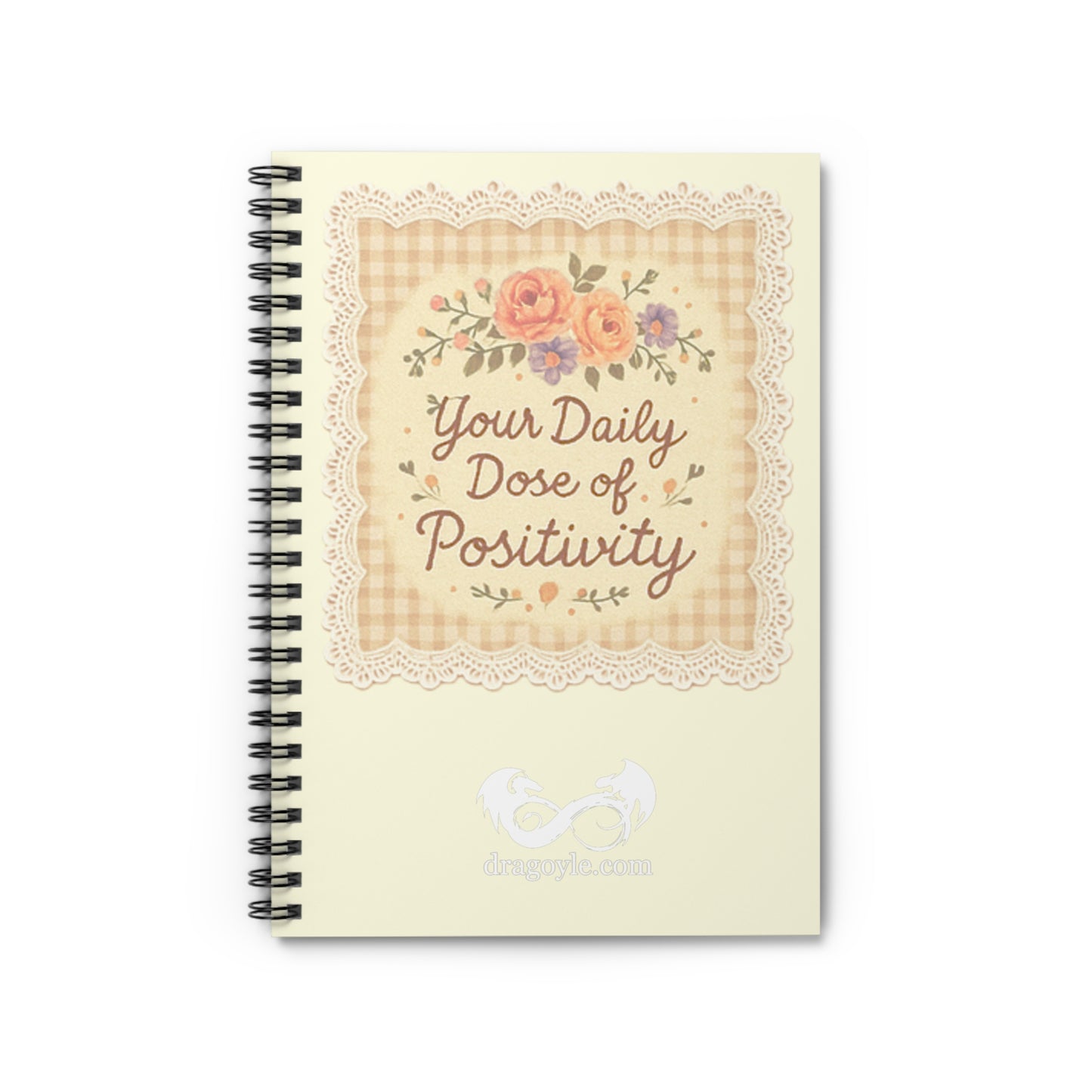 Notebook with floral design and text on a white background