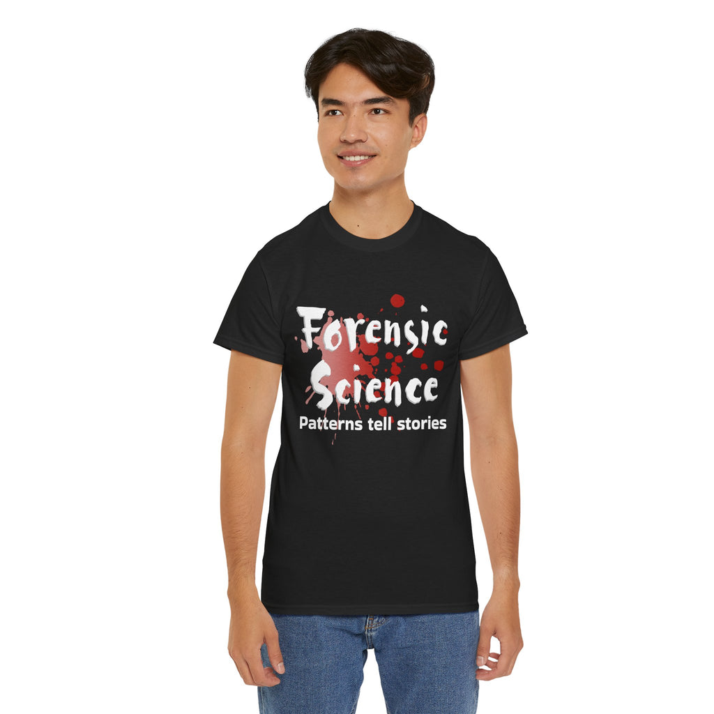 Person wearing a black t-shirt with 'Forensic Science Patterns Tell Stories' text and graphics.