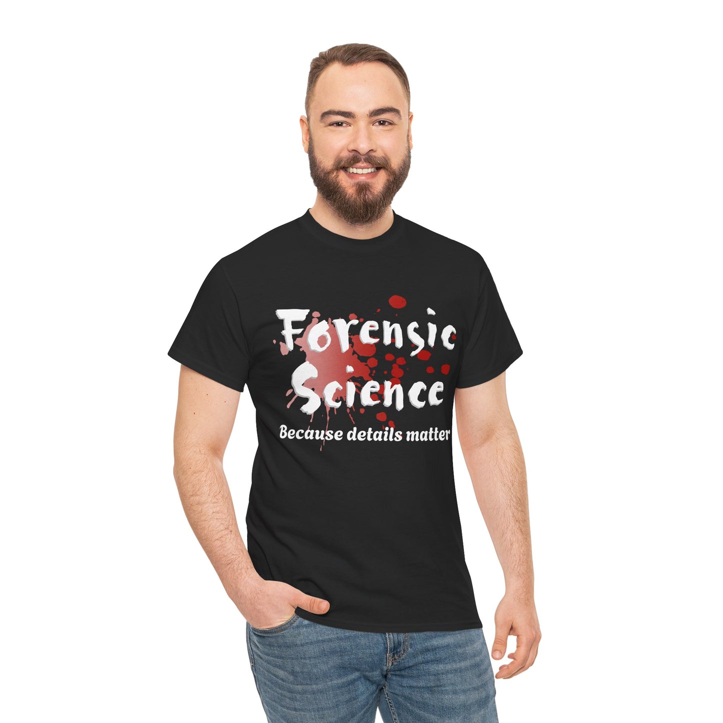 Man wearing a black t-shirt with 'Forensic Science Because details matter' text and design.