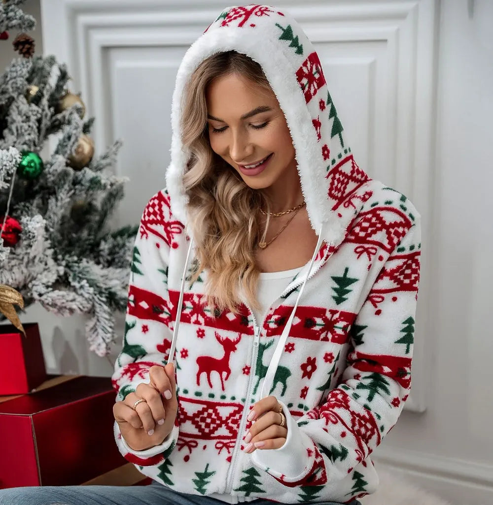 Drawstring Christmas Zip Up Hooded Jacket
