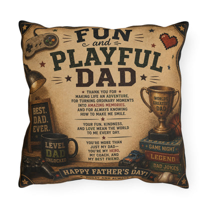 Decorative pillow with Father's Day text and graphics on a white background