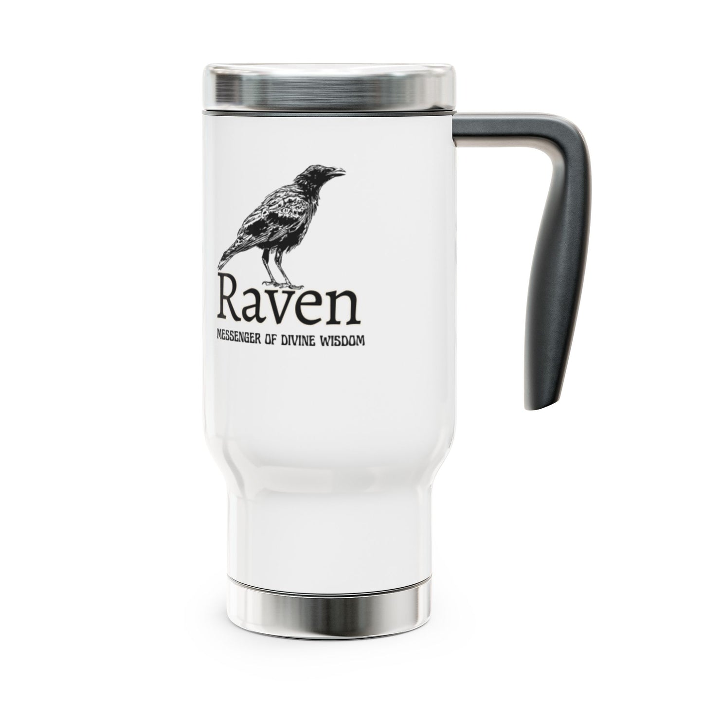 White travel mug with a black handle featuring a raven illustration and text on a white background